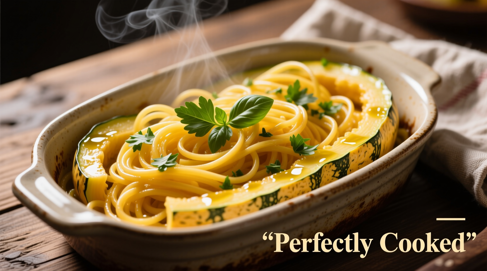 Perfectly cooked spaghetti squash strands in baking dish