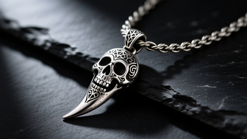 Close-up of an oxidized sterling silver reaper tooth pendant on dark slate, highlighting gothic engravings and a thick cable chain.
