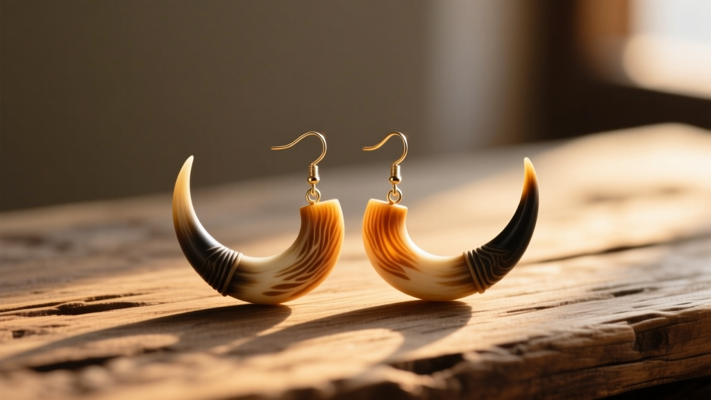 Hand-carved water buffalo horn dangle earrings with matte finish resting on a rustic wooden surface in warm natural sunlight.