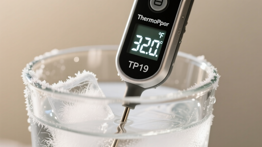 Close-up of ThermoPro TP19 thermometer probe submerged in a glass of ice water, digital display reading exactly 32.0 degrees Fahrenheit