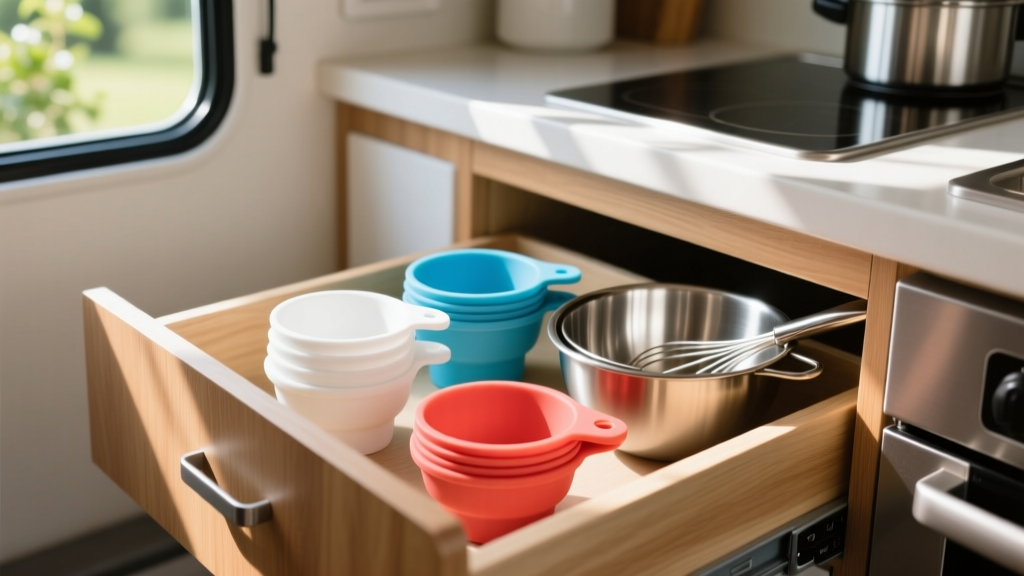 Collapsible silicone measuring cups nested inside a small RV kitchen drawer next to a set of magnetic nesting mixing bowls