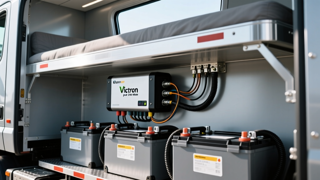 Victron pure sine wave inverter wired into a semi-truck auxiliary lithium battery bank mounted securely beneath the sleeper berth.