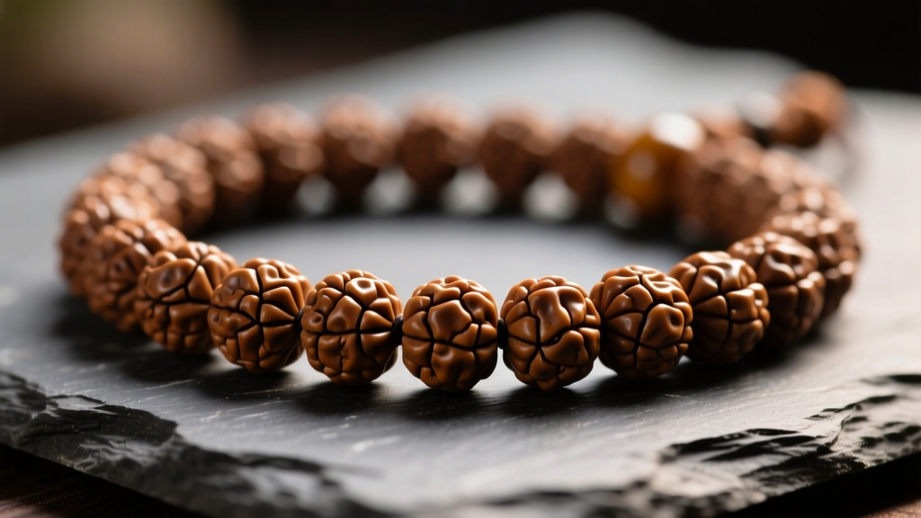 Macro shot of a 108-bead Rudraksha mala on dark slate, showing deep natural clefts and brown texture under warm lighting.