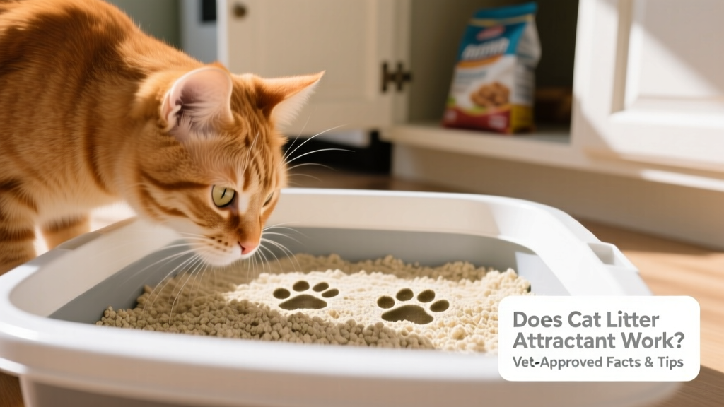 Close-up of a curious cat sniffing a litter box with visible paw prints in fresh litter