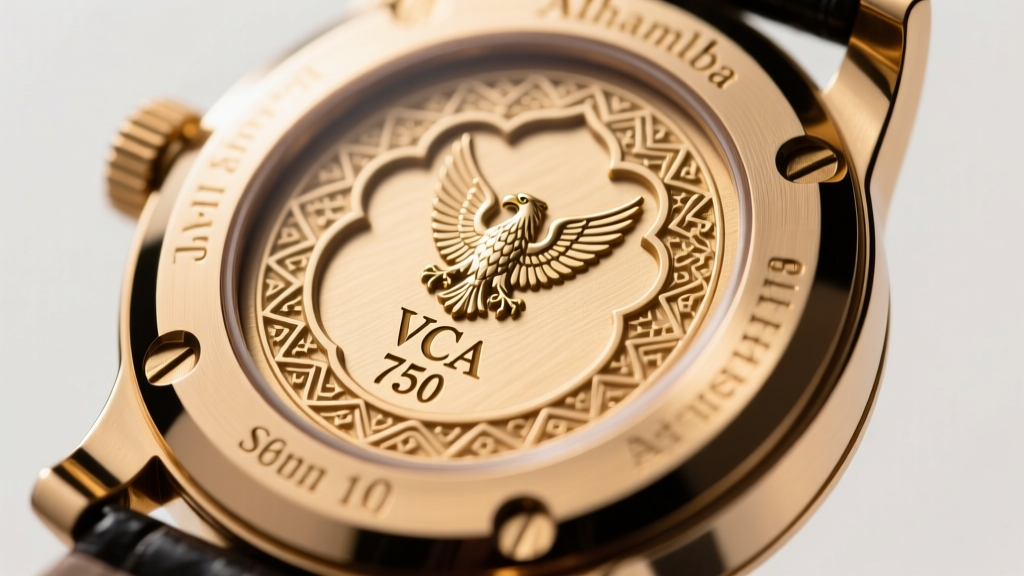 Macro shot of an Alhambra motif back showing the crisp VCA hallmark, 750 stamp, French eagle head, and engraved serial number.