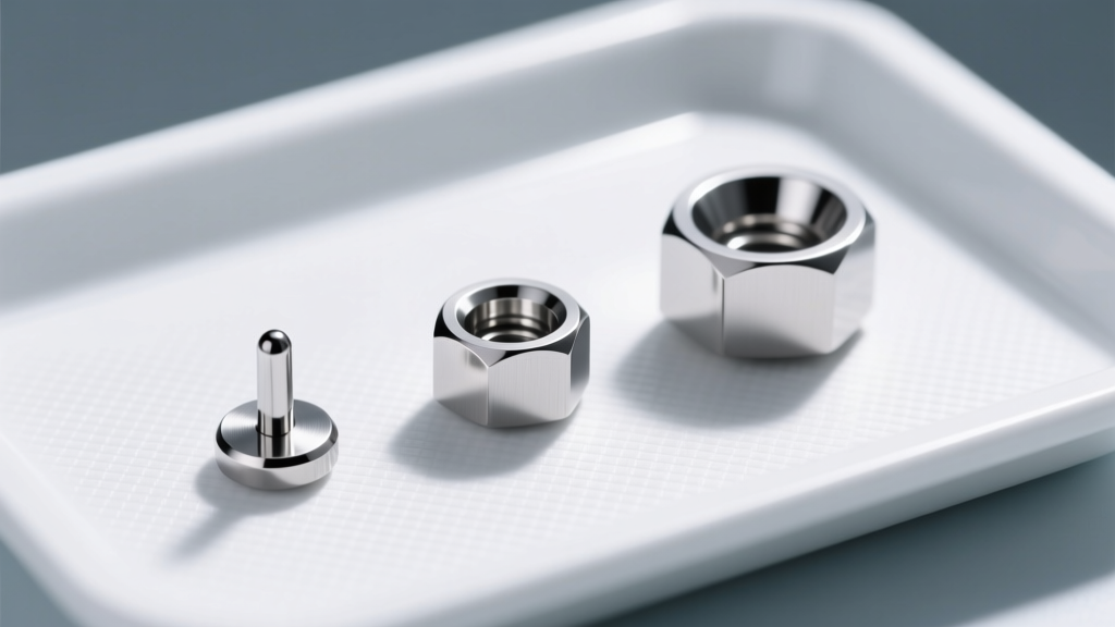 Three implant-grade ASTM F136 titanium flat-back labret studs in 18-gauge and 16-gauge sizes displayed on a sterile medical tray.