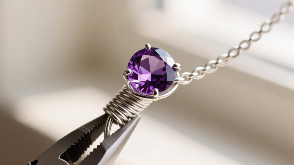 Macro shot of 24-gauge dead soft sterling silver wire wrapped around a 6mm amethyst briolette using chain nose pliers