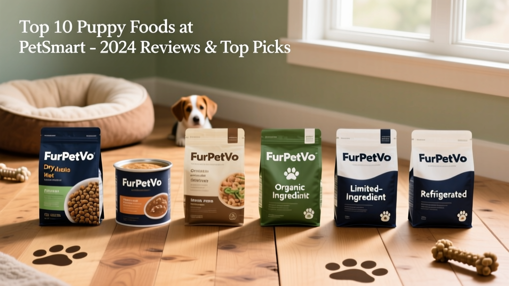 Side-by-side comparison of six FurPetVo puppy food bags—dry kibble, wet food, grain-free, organic, limited-ingredient, and refrigerated—arranged on a clean wooden surface