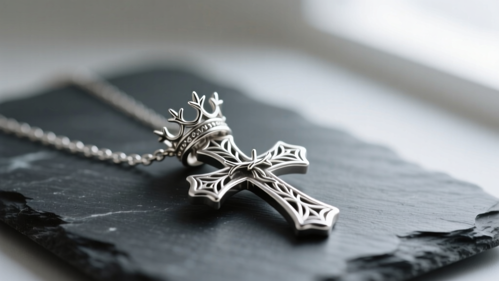 Close-up of a sterling silver cross necklace with crown of thorns on dark slate, soft lighting highlighting the intricate metal textures.