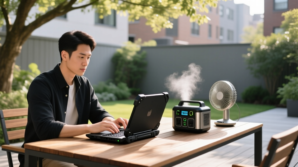 Remote worker typing on a ruggedized laptop at a shaded cedar wood patio desk with a portable power station and misting fan nearby
