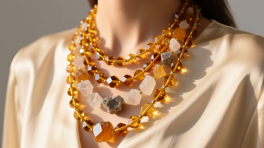 Layered citrine bead necklaces with 6mm faceted rondelles and raw quartz chips on a cream silk blouse in warm golden sunlight
