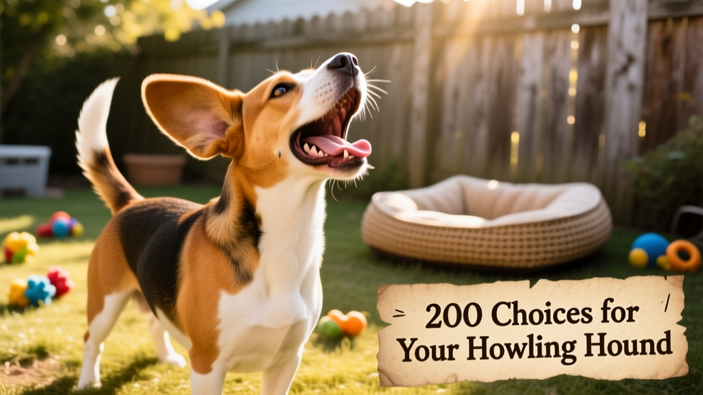 A joyful Beagle mid-howl, ears perked and tail wagging