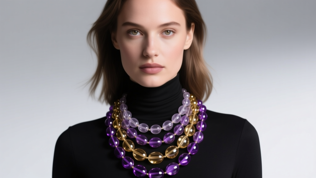 Model wearing a layered glass mardi gras beads necklace in purple and gold over a black turtleneck, soft studio lighting