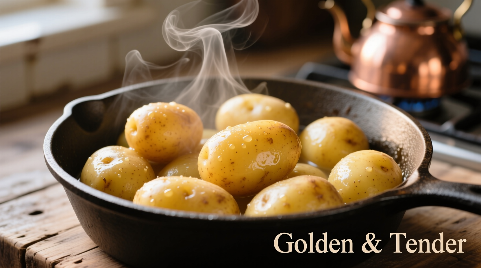 Perfectly boiled golden potatoes in a pot with steam rising
