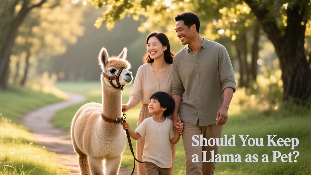 A family gently leading a young llama on a halter along a grassy path, smiling and engaged