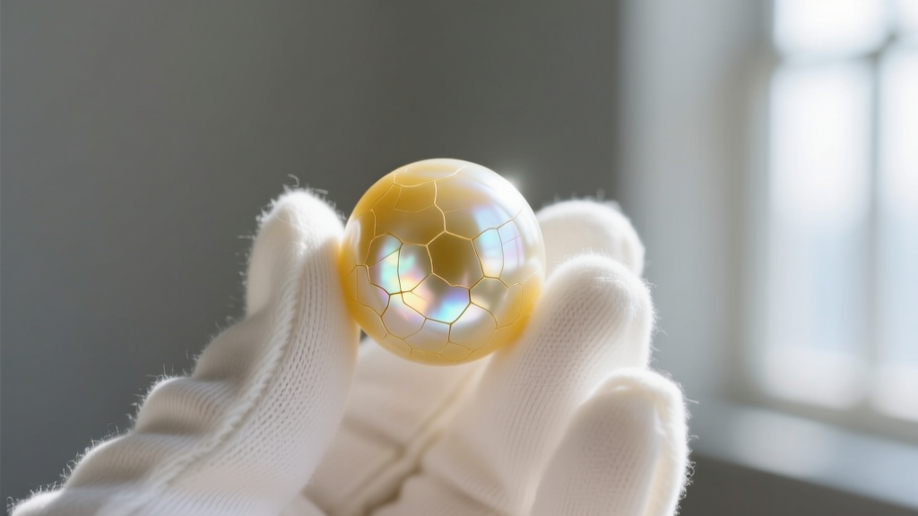 Close-up of 1960s Akoya pearl showing micro-crazing and yellowed nacre, held by cotton gloves against a neutral grey background