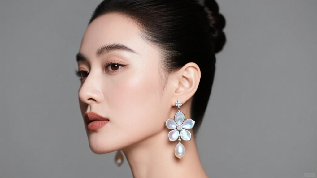 Woman with an updo wearing cascading mother of pearl flower drop earrings in sterling silver, illuminated by soft studio lighting.