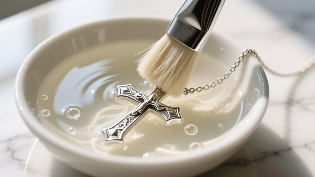 A soft horsehair brush gently scrubbing the crevices of a silver cross necklace in a bowl of warm distilled water and mild soap