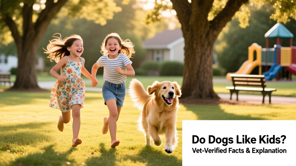 Two young girls running with golden retriever in park