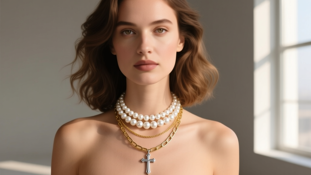 Woman wearing a layered necklace stack featuring a 16-inch pearl choker, an 18-inch St. Christopher, and a 20-inch gold chain