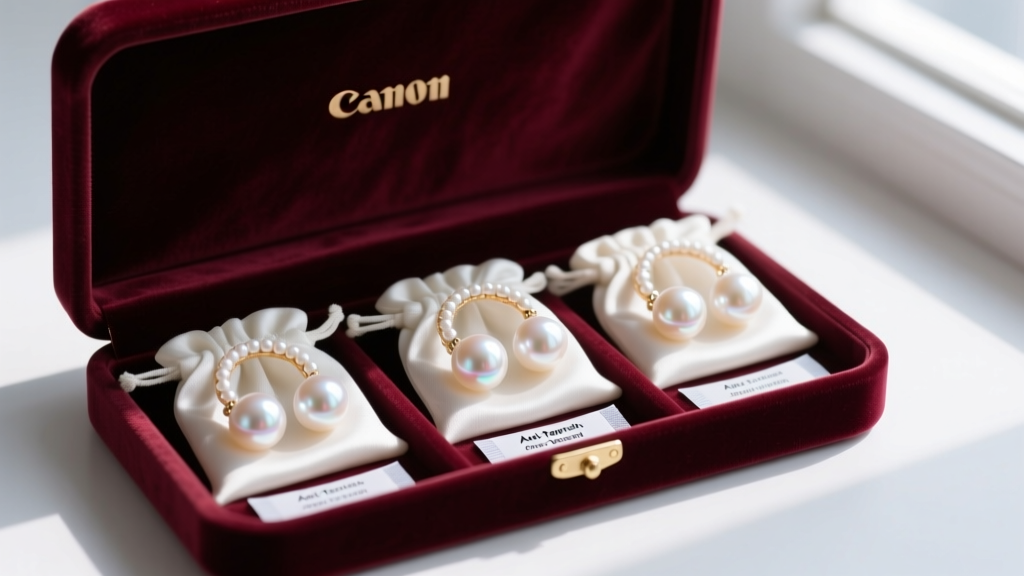 Velvet-lined jewelry box displaying large pearl hoop earrings in individual silk pouches, with anti-tarnish strips visible inside