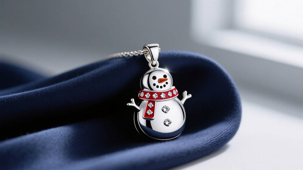 Close-up of a silver snowman pendant on a navy scarf, showing the red cold enamel scarf and tiny cubic zirconia snow accents.