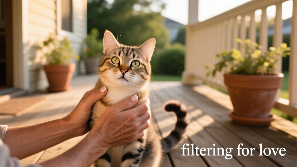 Two hands gently holding a calm, smiling cat while sitting on a sunlit porch—symbolizing trust, comfort, and the beginning of a new bond