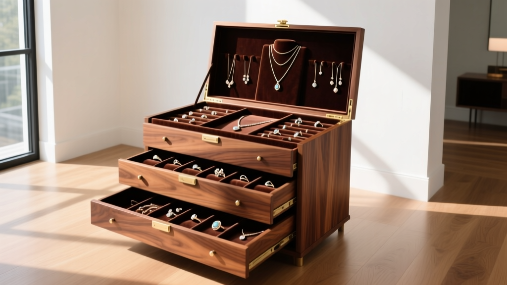 Wide shot of a massive walnut extra large jewelry organizer with open velvet-lined drawers in a sunlit room.