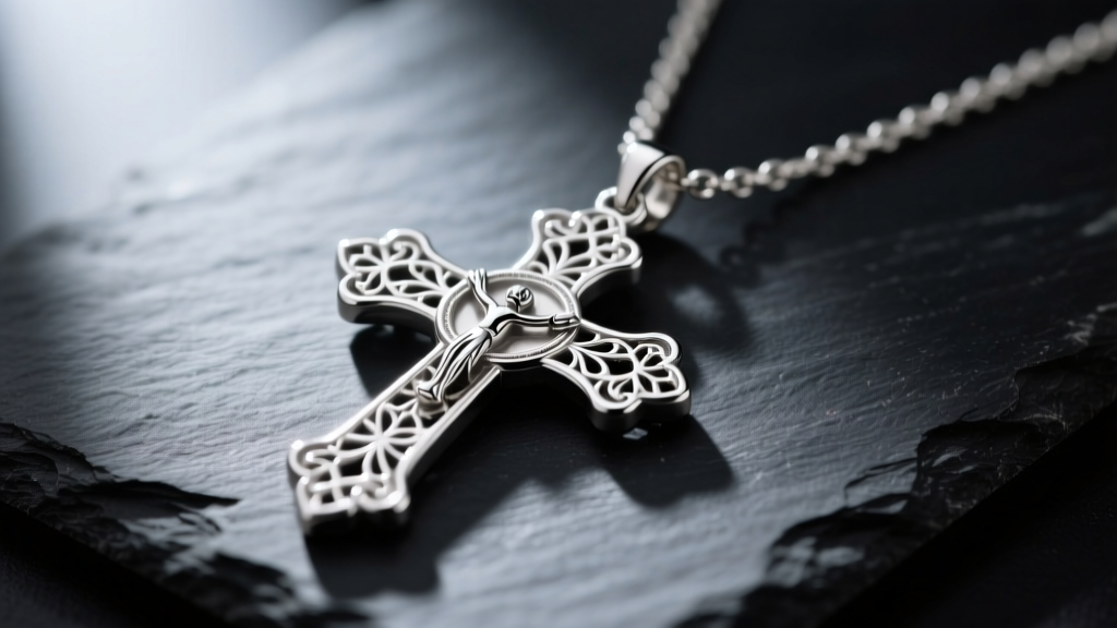 Close-up of a sterling silver Caravaca cross necklace with filigree details resting on dark slate, soft dramatic lighting