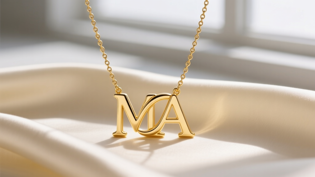 14k yellow gold double initial necklace with interlocking letters M and A on a 1.2mm rolo chain resting on cream silk.