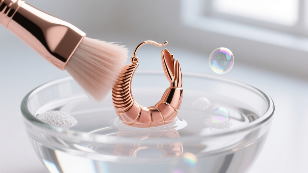 Soft brush cleaning the ribbed crevices of a rose gold shrimp hoop earring submerged in mild soapy water inside a clear glass bowl
