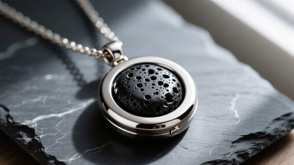 Close-up of a steel aromatherapy diffuser locket necklace with a porous black lava stone inside, resting on a dark slate surface