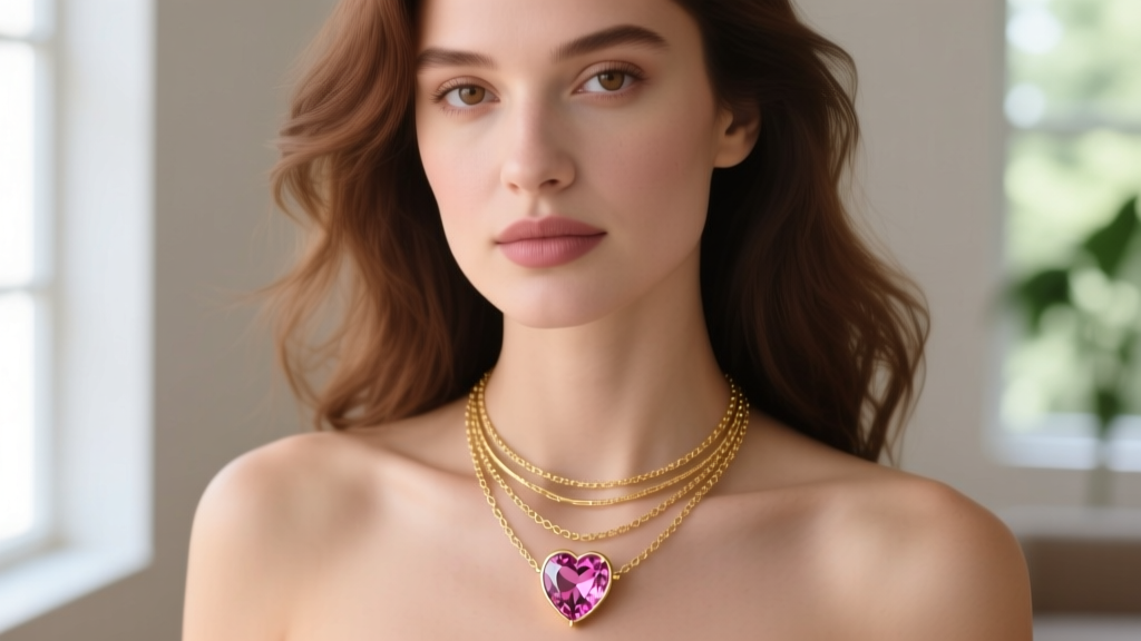 Close-up of a woman wearing a layered 14k gold heart gem necklace with a pink morganite stone, soft natural window lighting.