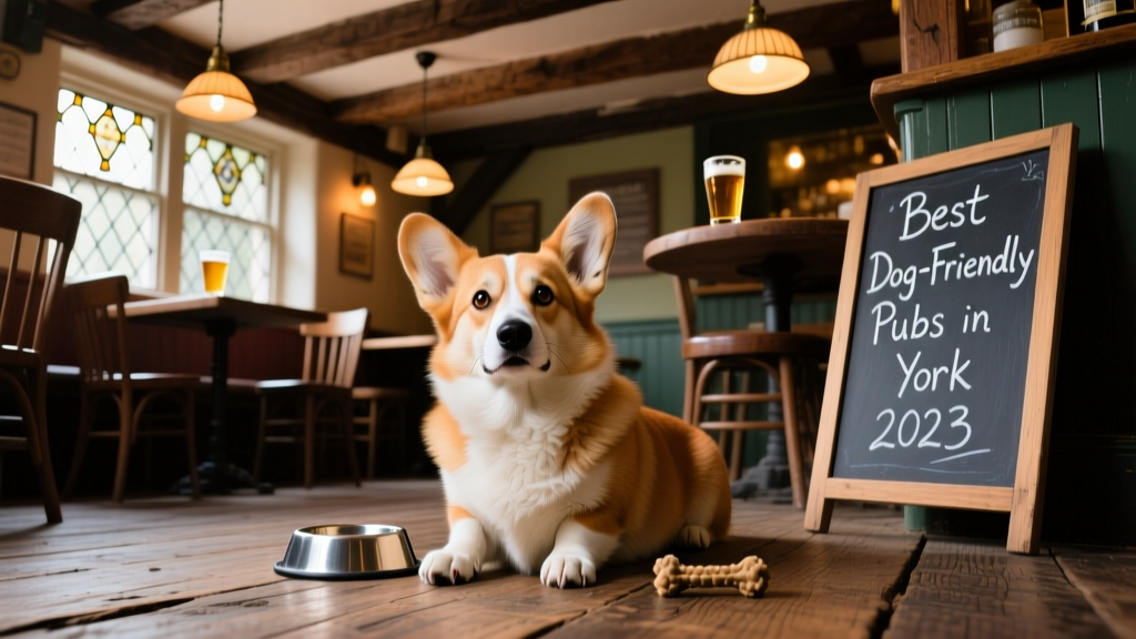 A corgi sitting comfortably on the wooden floor of a cozy, dog-friendly pub interior with exposed beams and warm lighting