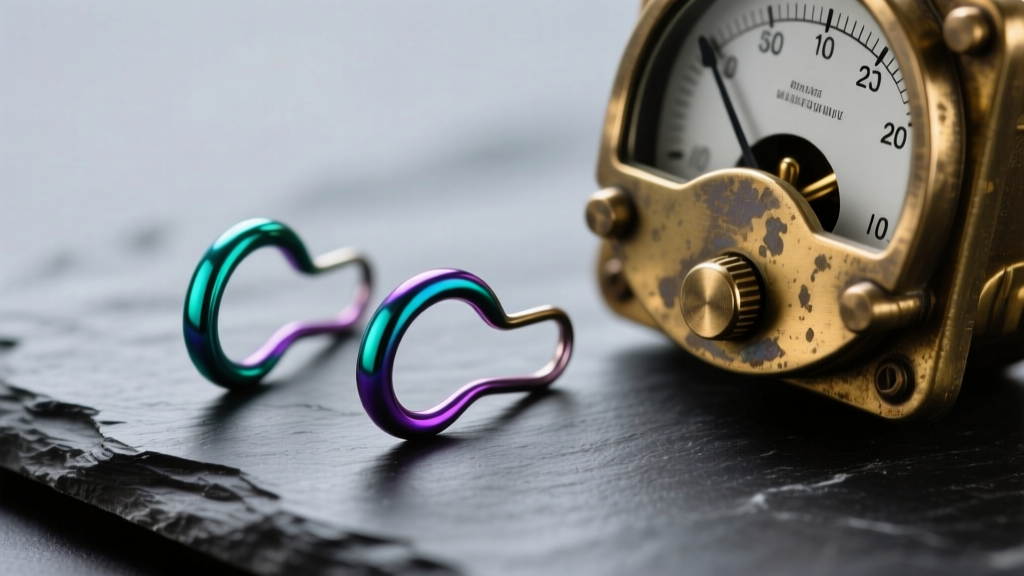 Macro shot of anodized niobium ear wires in vibrant teal and purple, resting on dark slate next to a brass voltage meter.