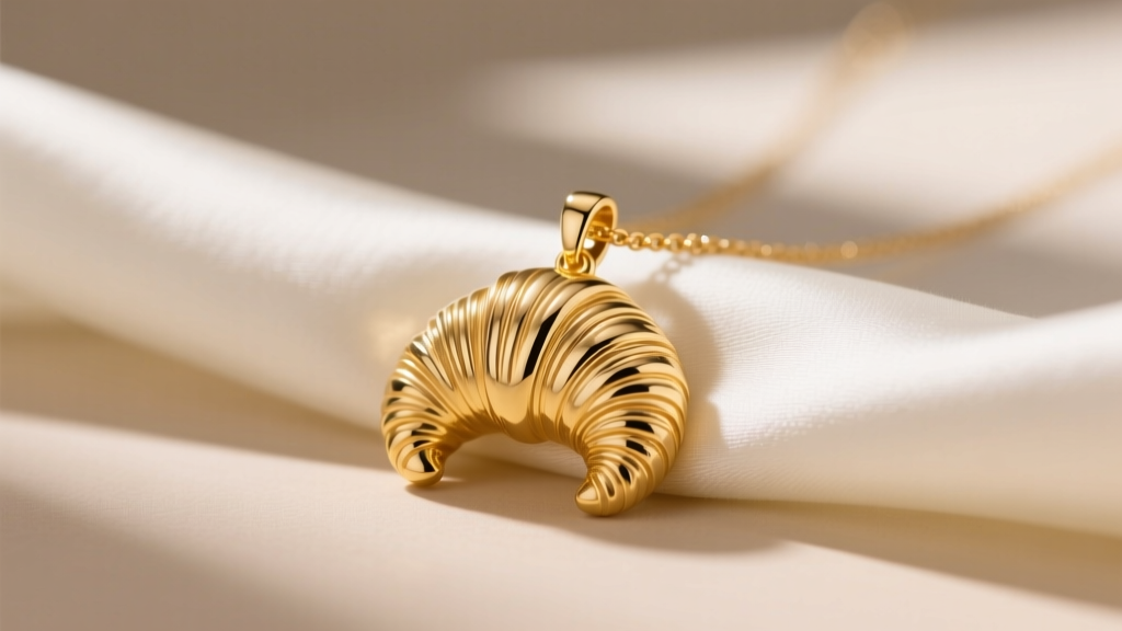 Close-up of an 18k gold vermeil croissant necklace pendant resting on silk, showcasing intricate ridged texture and warm lighting