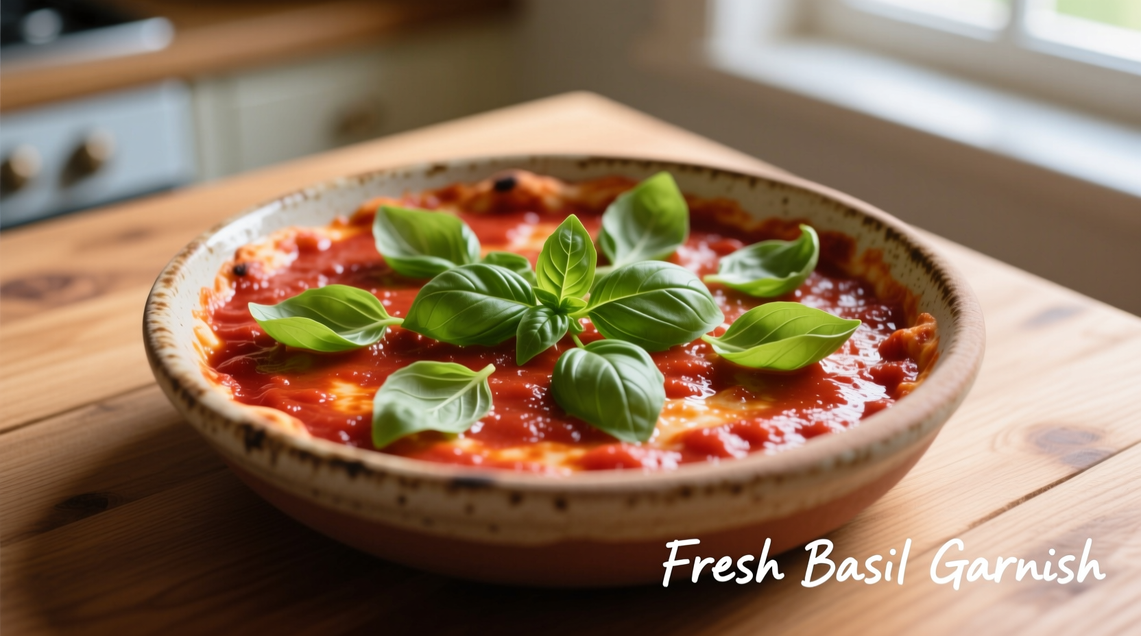 Homemade pizza sauce in bowl with fresh basil garnish