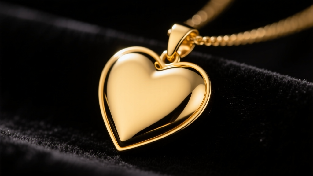 Close-up of a polished 18k yellow gold solid heart pendant on dark velvet, illuminated by soft, warm directional studio lighting