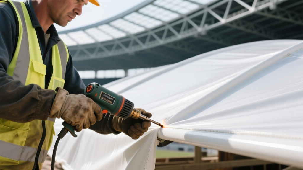 Close-up of a construction worker using a hot air welder to seal the seams of a white PVC tensile membrane fabric on a modern stadium roof structure.