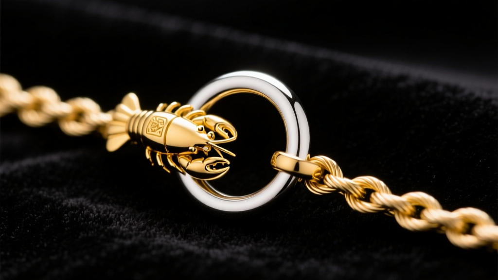 Macro shot of a 14k yellow gold lobster clasp engaging with a jump ring on a delicate cable chain, studio lit on black velvet