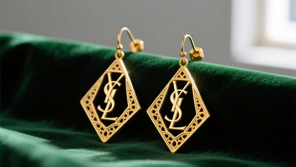 Macro shot of vintage 1980s YSL heavy gold-plated brass drop earrings on emerald velvet, highlighting the textured metal and iconic logo.