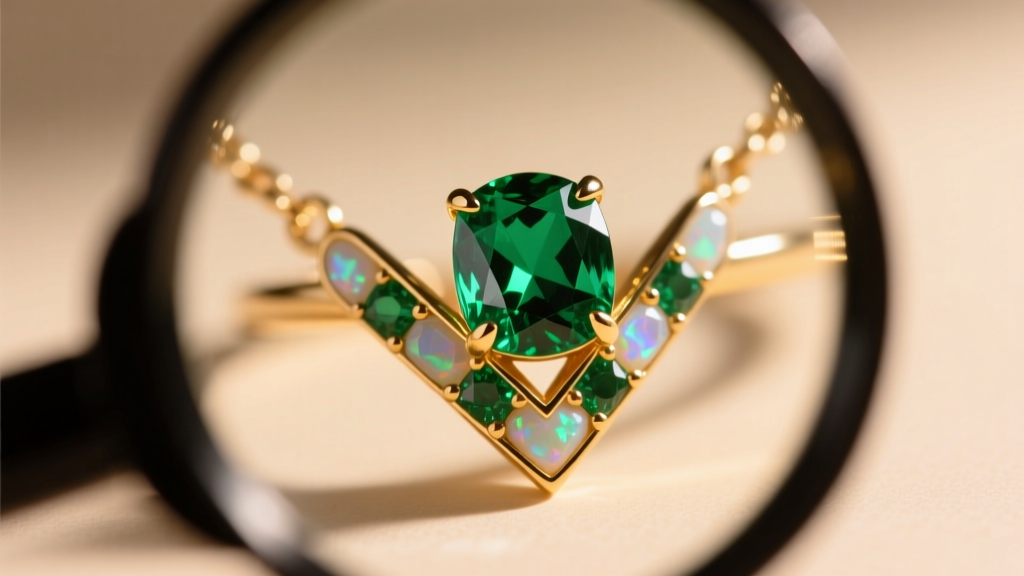 Loupe view of a V-prong setting securing the corner of an included emerald on a gold opal and emerald necklace mount.
