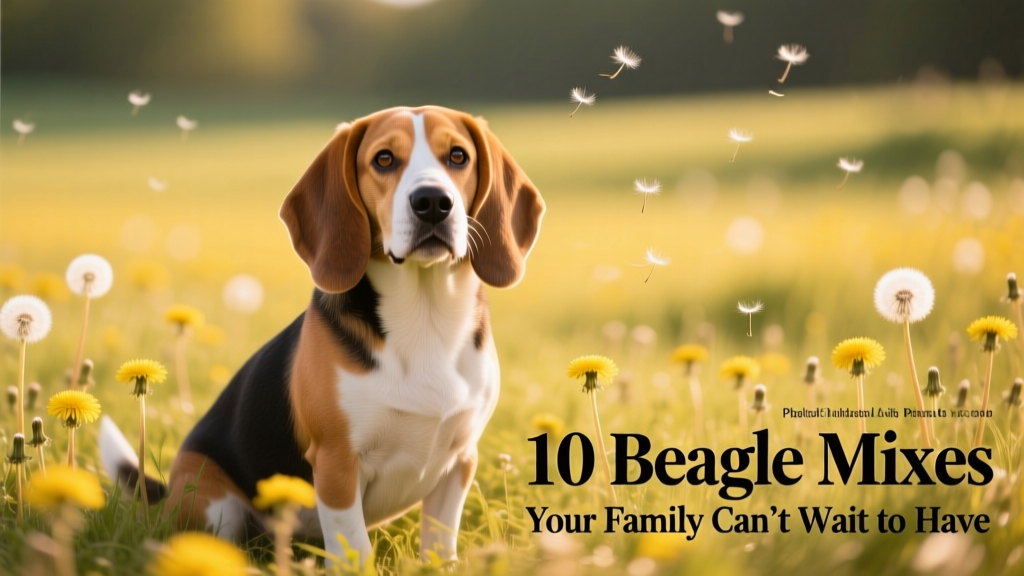 beagle basset hound mix with basset eyes and ears sitting in a field of dandelions