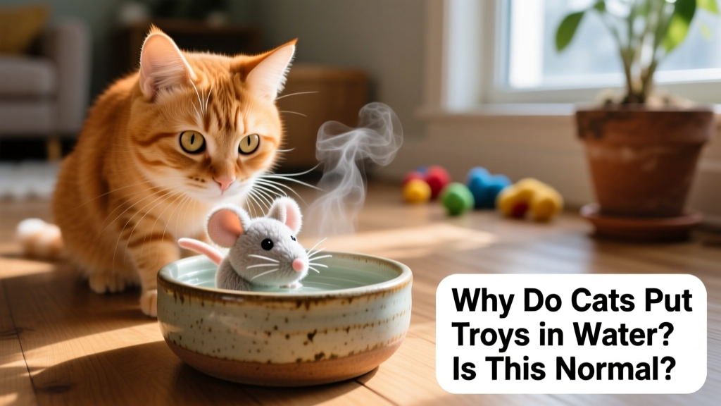 Close-up of a curious cat gently pushing a plush mouse toy into a ceramic water bowl