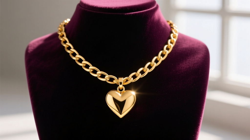 14k yellow gold box chain necklace draped over velvet display featuring a single polished gold heart charm catching warm light