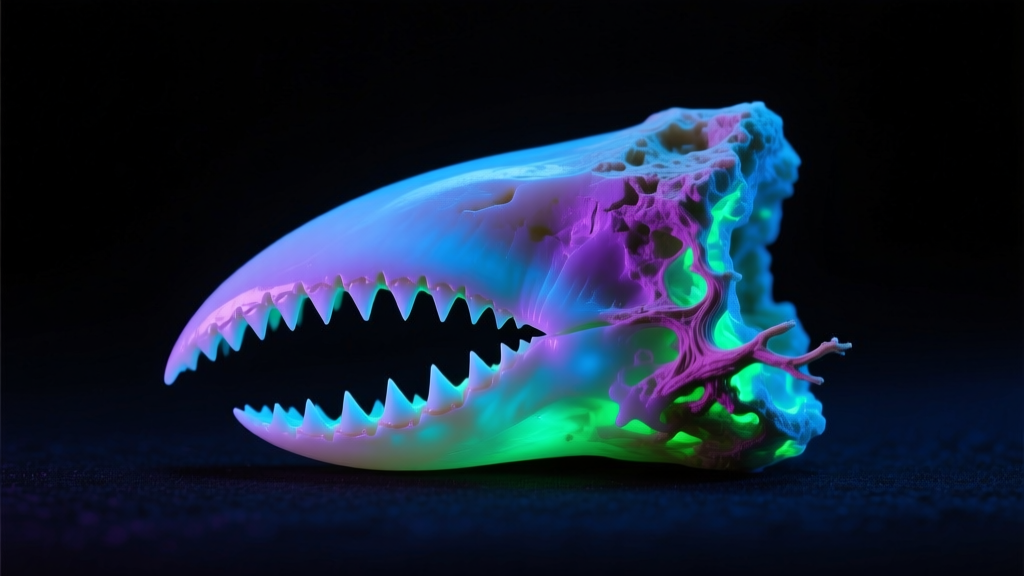 Macro photography showing the fine serrations and bourlette root of a real fossilized shark tooth illuminated by a UV blacklight.