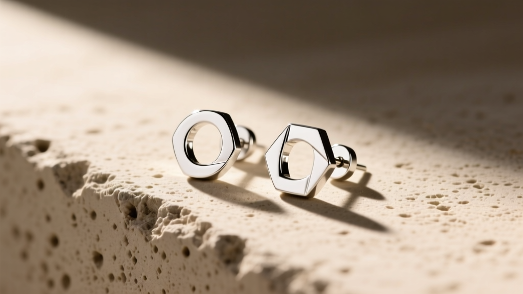 Minimalist geometric 925 silver stud earrings designed in Tel Aviv, displayed on raw concrete surface with soft natural sunlight