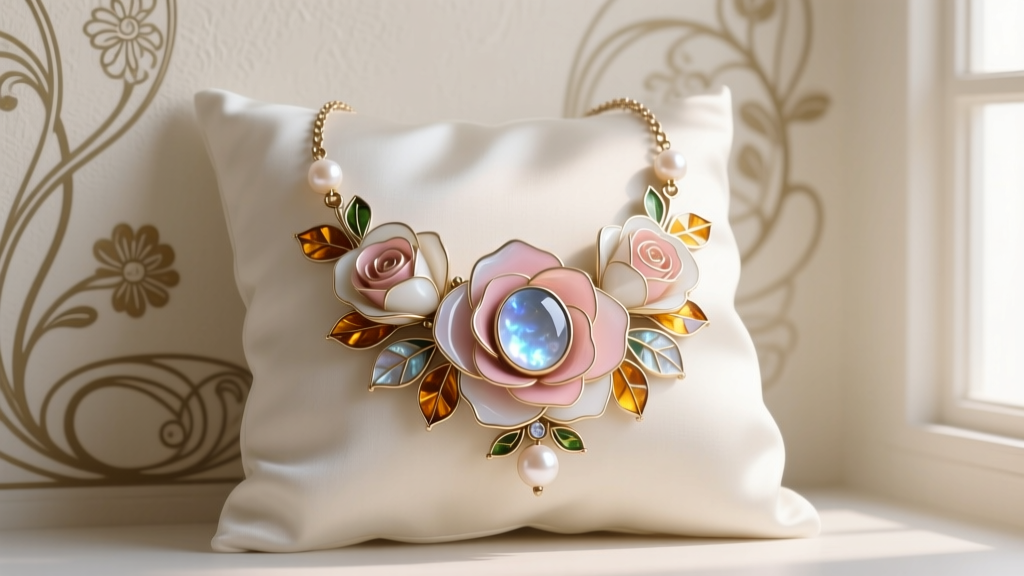 Art Nouveau vintage rose necklace featuring translucent enamel petals and a cabochon moonstone glowing in soft window light