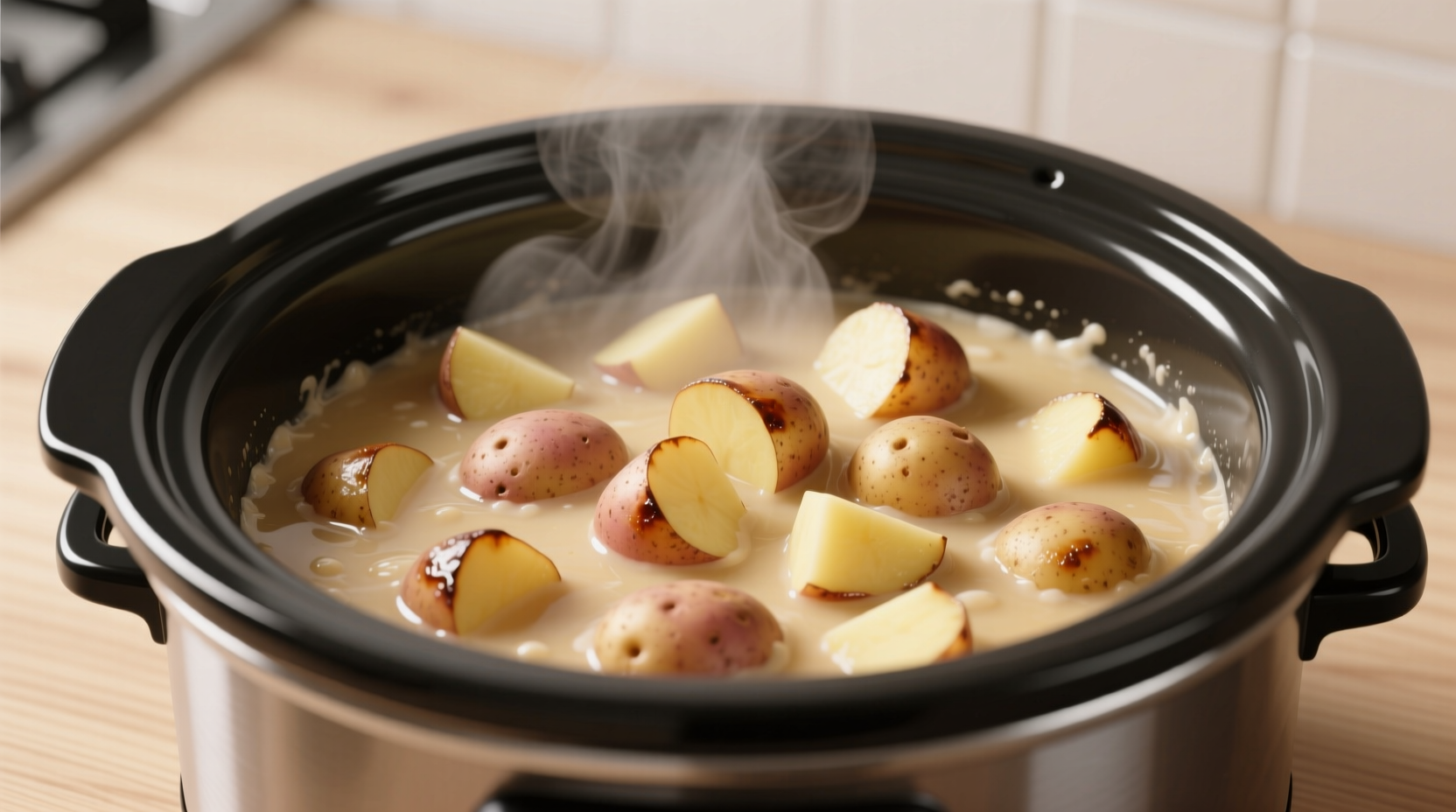Winter weeknight cooking showing russet potato chunks creating thick soup base in slow cooker, not watery like red potato versions, proving starch content determines texture without thickeners