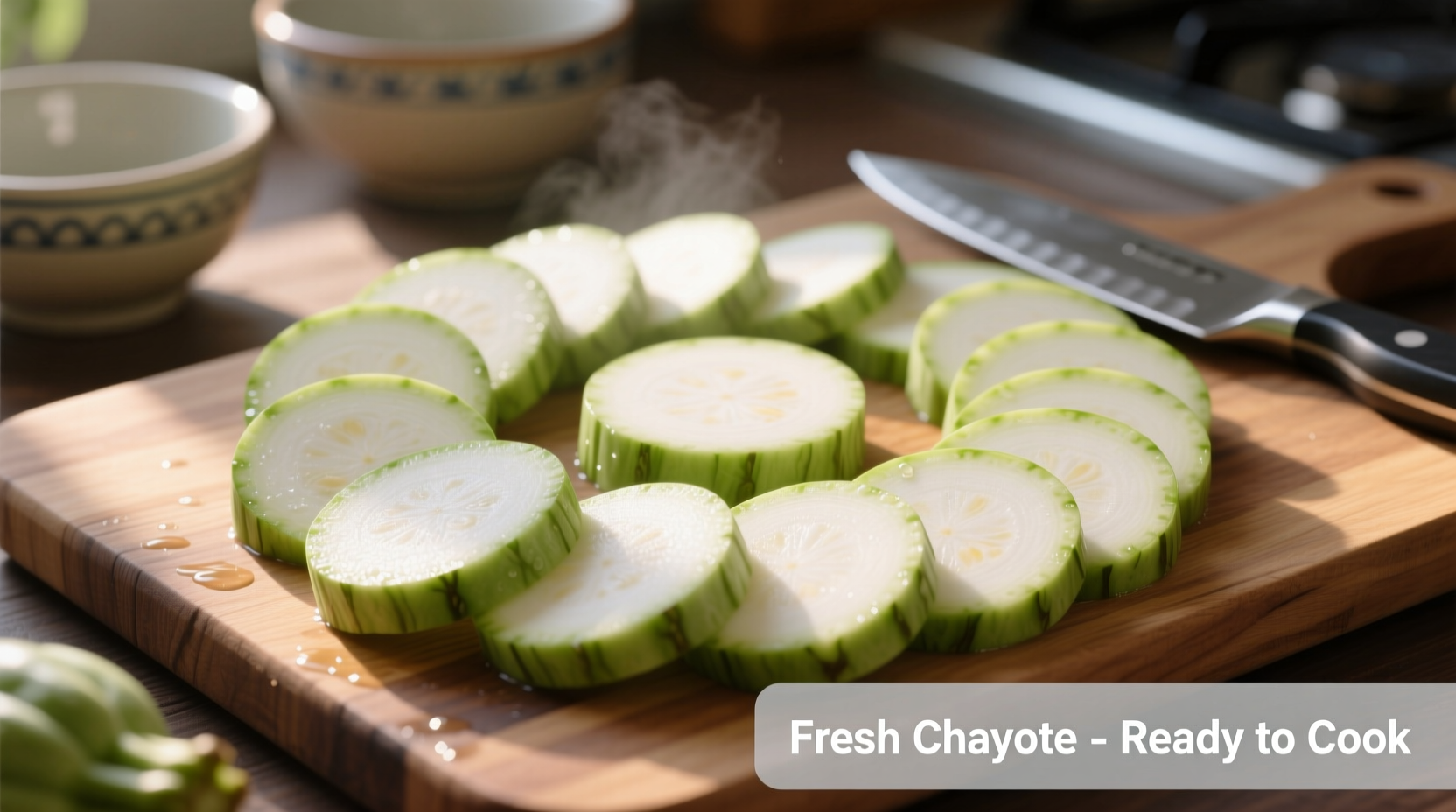 Chayote squash sliced and ready for cooking